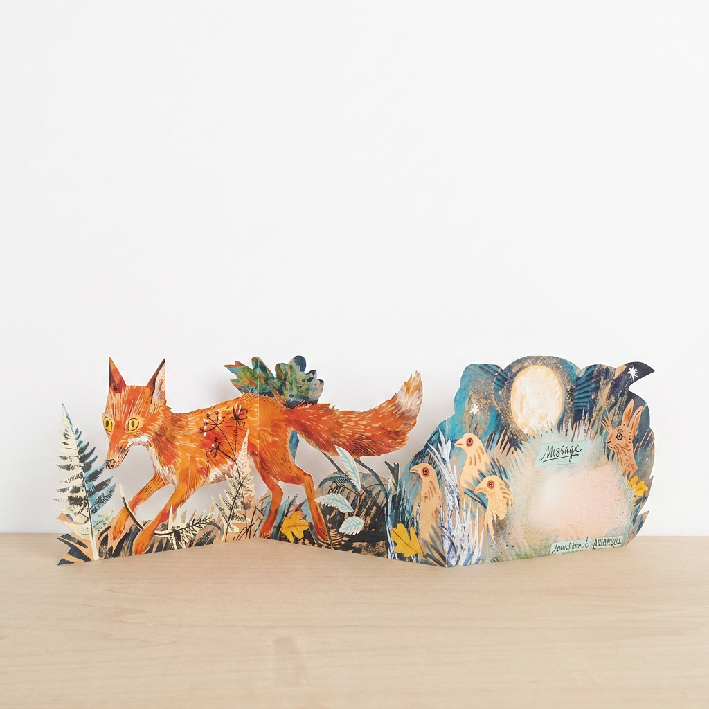 Mark Hearld's Three Fold Fox die-cut card, unfolded on wood, vibrant illustration of an orange fox amidst forest plants,…