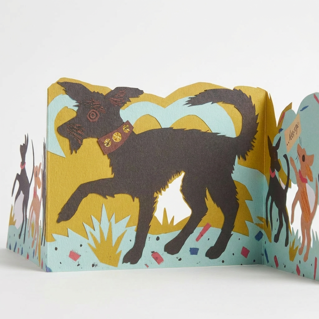 Puppy Parade die-cut card, Mark Hearld illustration. Dark brown dog with red-brown collar, layered yellow & blue scene,…