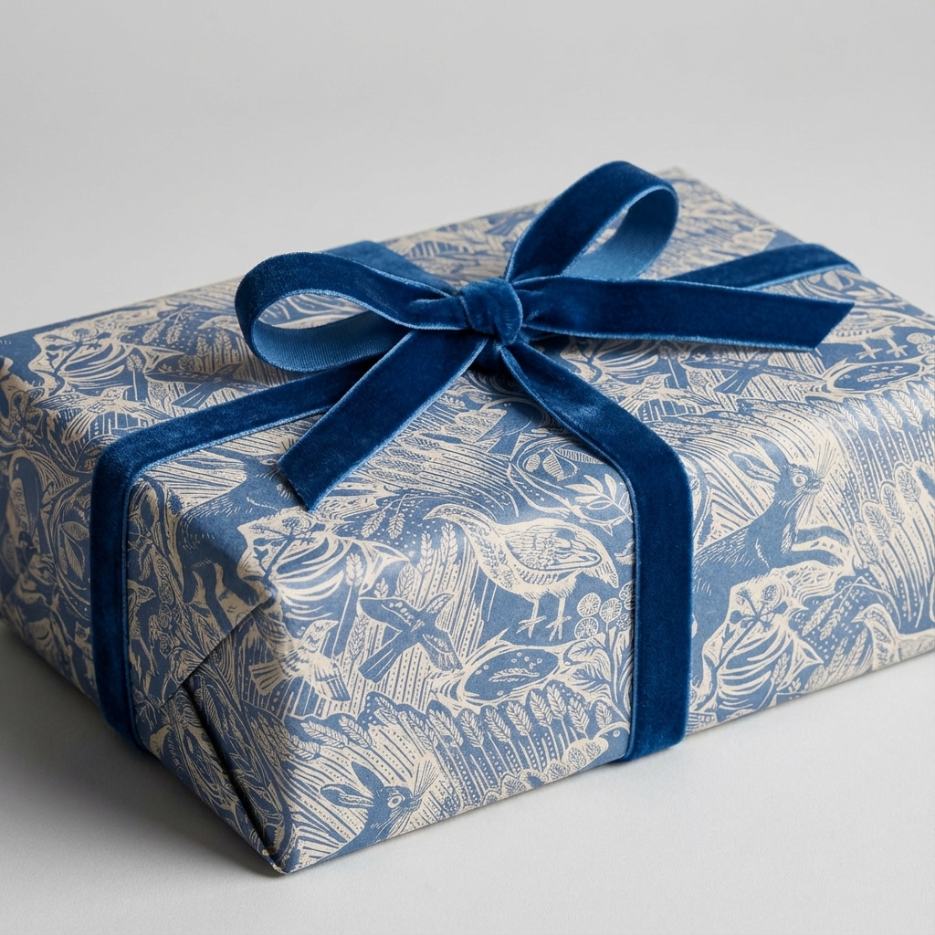 Mark Hearld-Harvest Hare Double-Sided Wrapping Paper. Gift wrapped in blue and white patterned paper with a blue ribbon on a light gray background