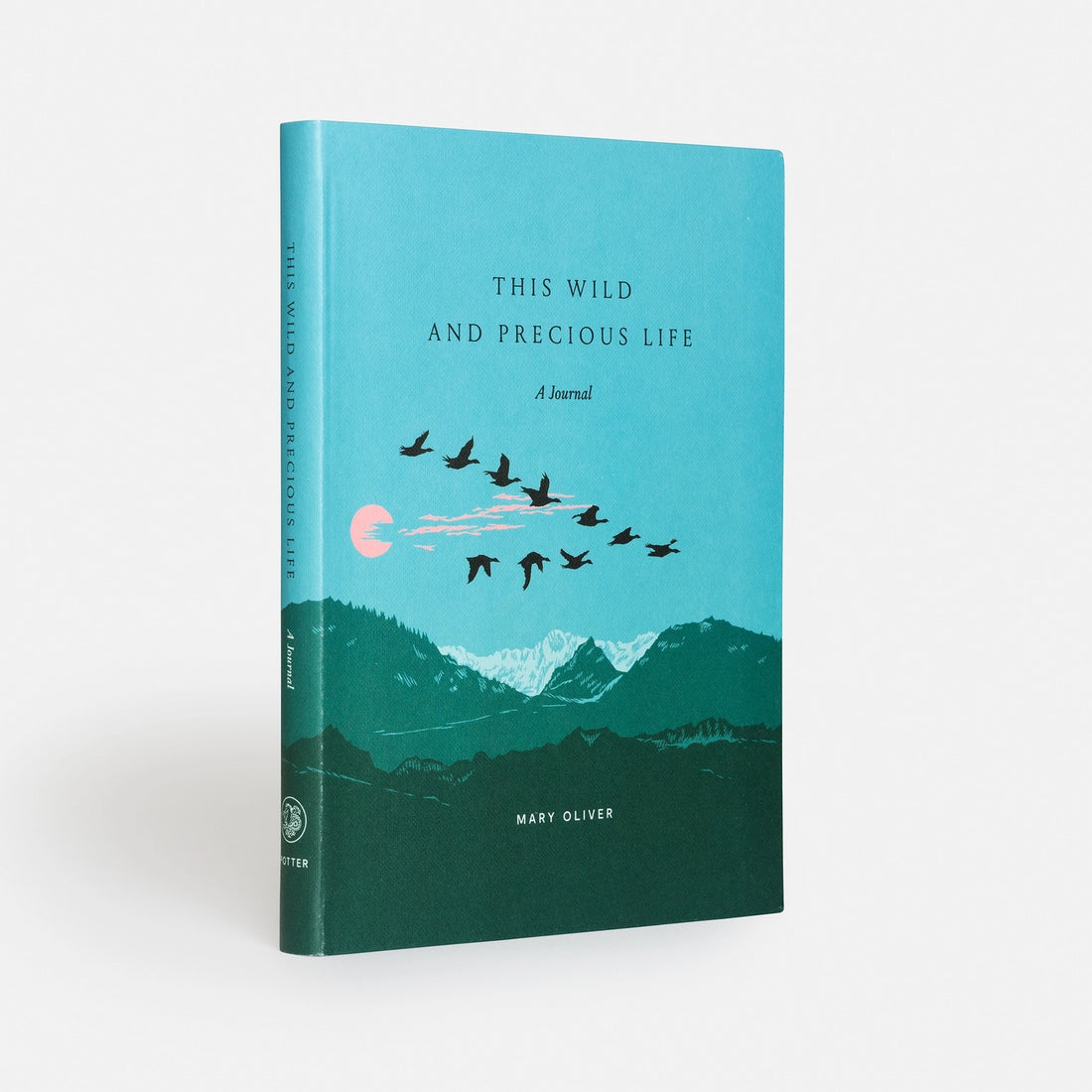 This Wild And Precious Life hardcover journal, angled front view showing spine, teal cover with nature art of birds flying…