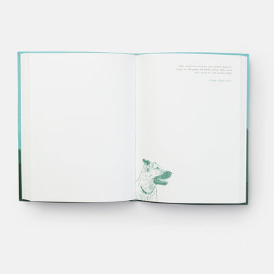 
                    
                      This Wild And Precious Life journal open to white dot-grid pages with a green dog illustration and quote, turquoise cover…
                    
                  