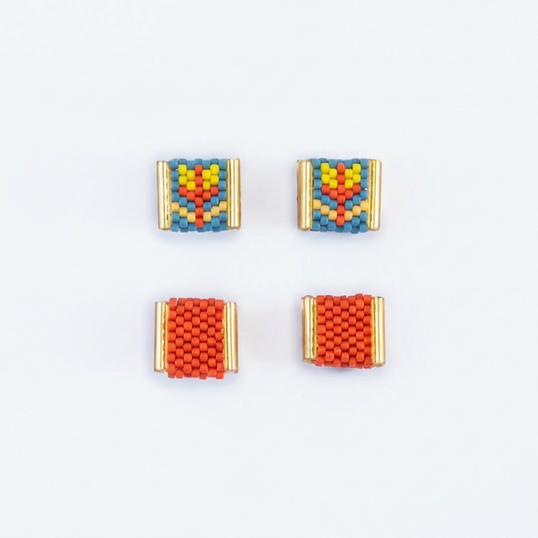 Mayana Designs Beaded Handwoven Tulip Stud Pack earrings, Miyuki glass beads in teal, yellow, rust, gold-toned settings,…