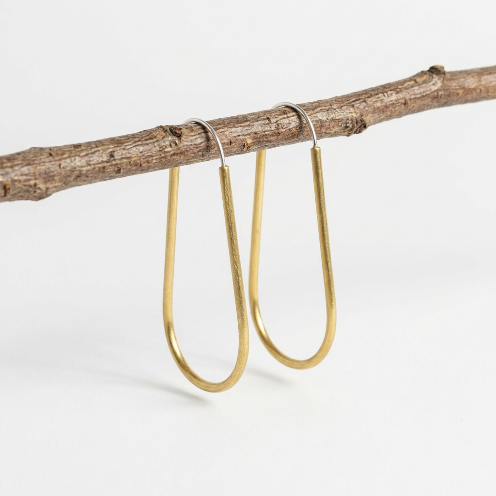 Modern Madini Long Hollow Brass Hoops, U-shaped raw brass earrings with silver-toned posts, hanging from a natural twig.