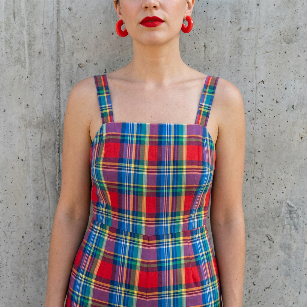Mali Cherry Red acetate hoop earrings worn on model's ear, with a colorful plaid outfit, against a concrete wall.