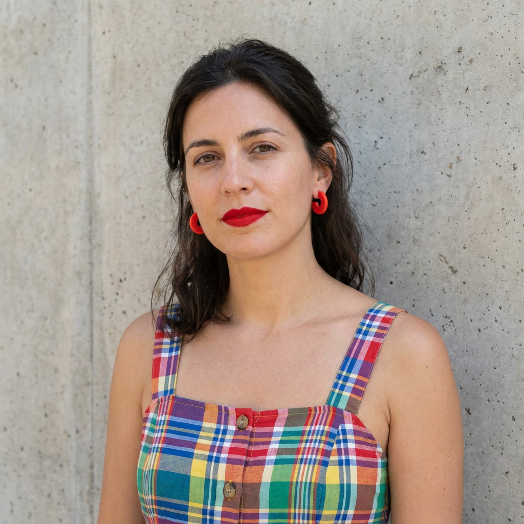 Mali Cherry Red acetate hoop earrings, on model's ear, close-up view.