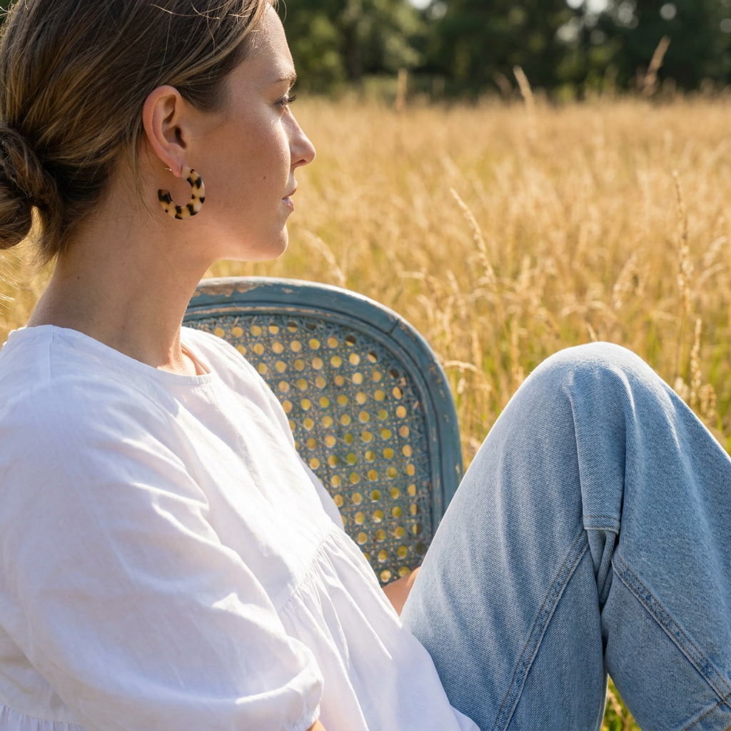 Ray Ivory Tortoise hoop earrings, on ear side view, highlighting the unique cellulose acetate pattern.