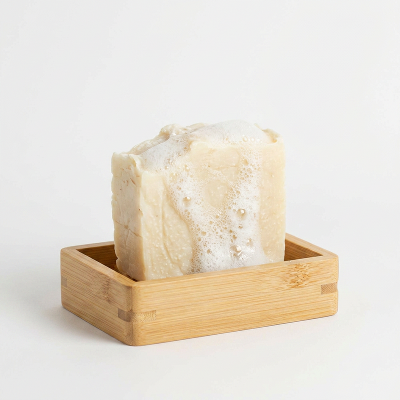 No Tox Life Moso Bamboo Soap Shelf, light brown bamboo, holding a lathered soap bar, front view on white.
