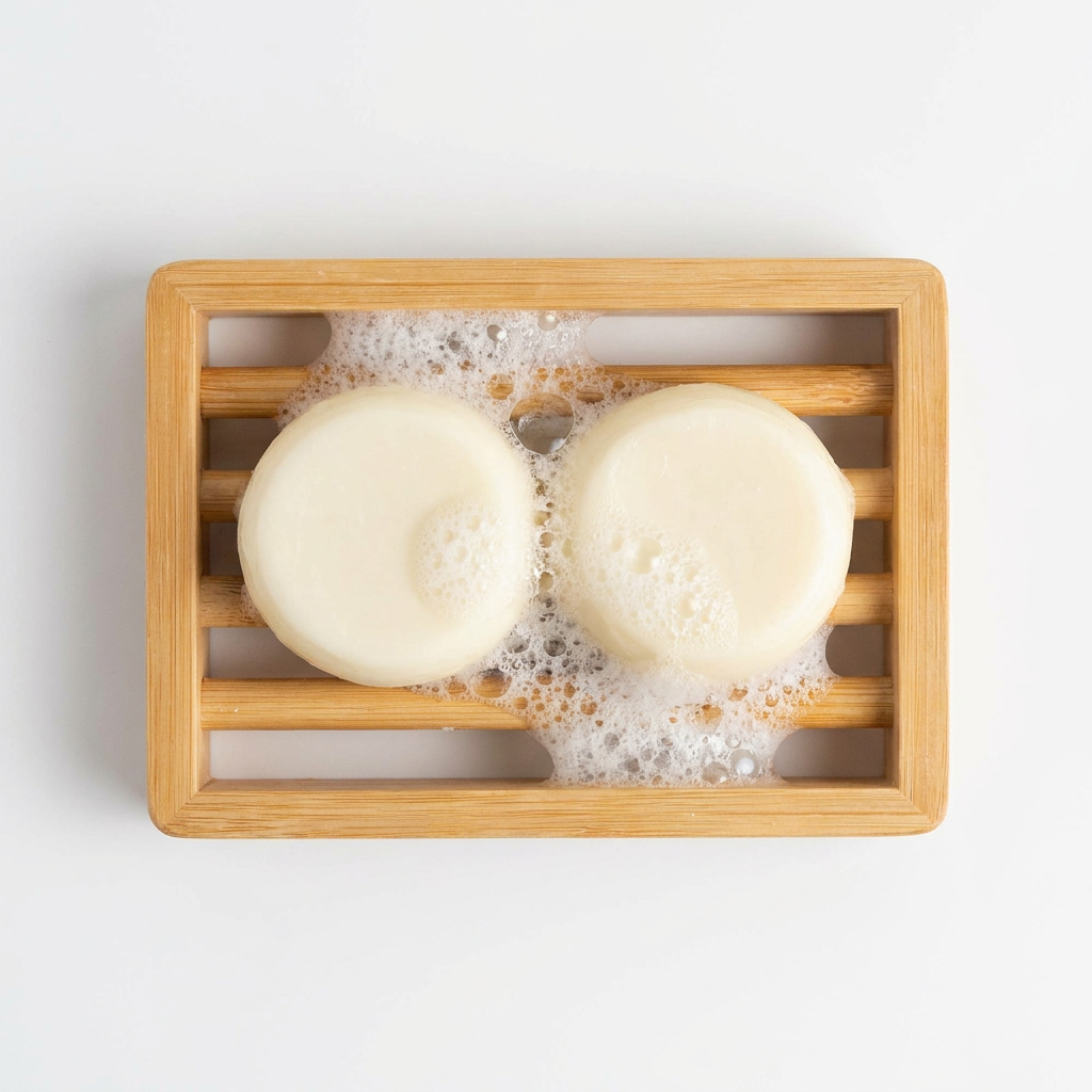 Moso Bamboo Soap Shelf with two round white bar soaps covered in lather and suds, top-down view.