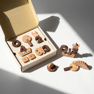 
                    
                      Oioiooi Numbers Play Block Set, solid beech and walnut wood, open packaging box, with carved numbers and animal shape blocks…
                    
                  