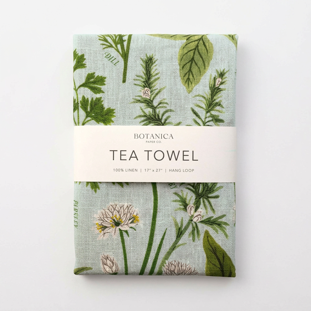Tea towel with botanical design and Botanica Paper Co. branding on a white background