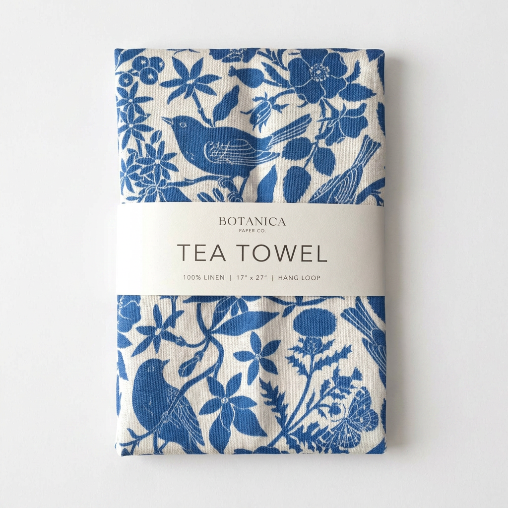 Botanica Paper Co. Songbirds Linen Tea Towel, blue and white bird and floral pattern, folded with product label, front view…