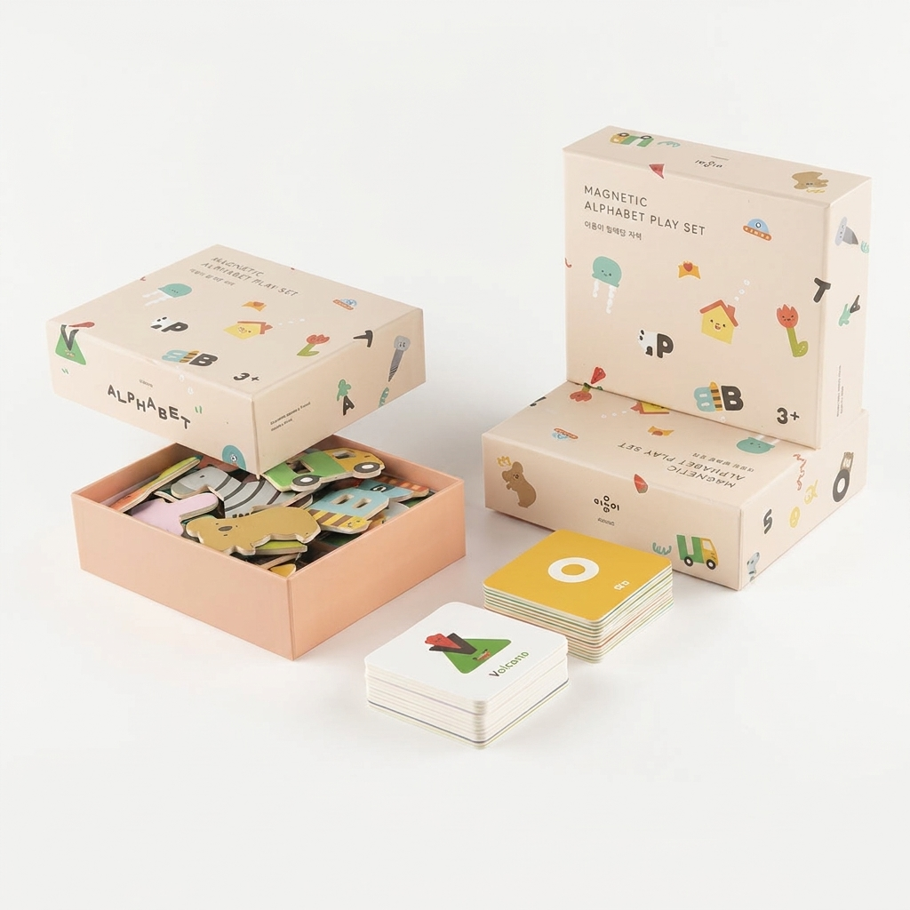 Oioiooi Magnetic Alphabet Play Set, beige recycled cardboard boxes, colorful magnetic pieces and cards, one box open, cards…