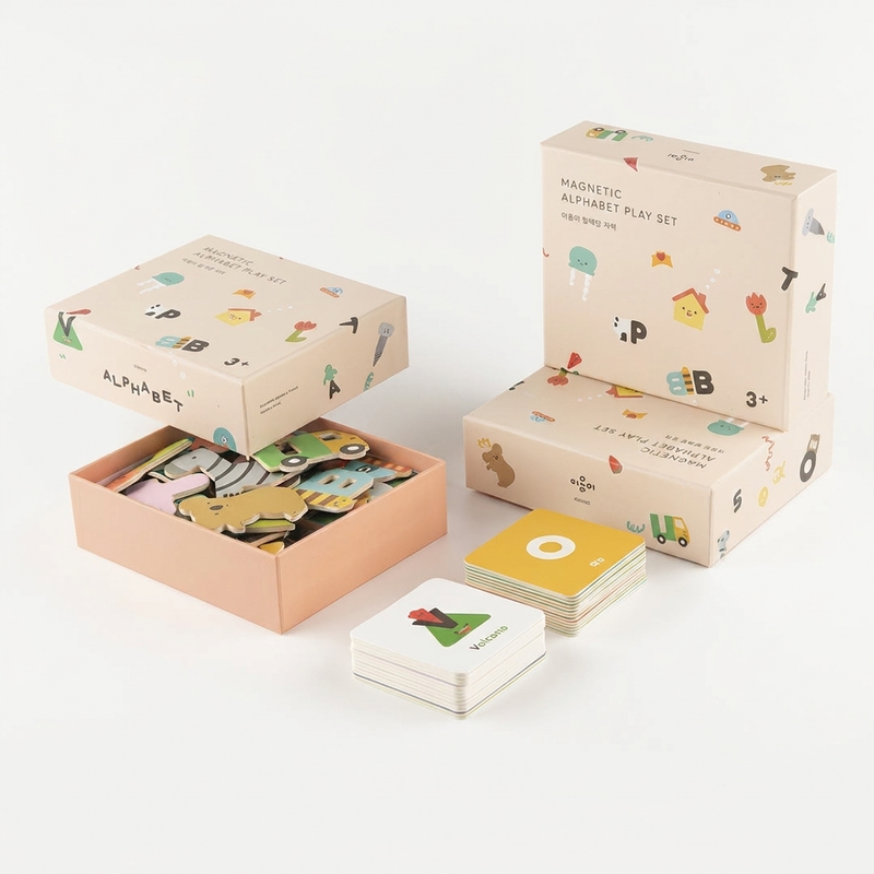 Oioiooi Magnetic Alphabet Play Set, beige recycled cardboard boxes, colorful magnetic pieces and cards, one box open, cards…