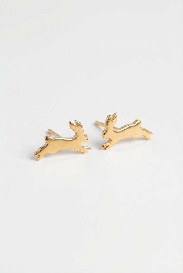 Peter + June Fortune Bunny stud earrings, 18K gold-plated brass, flat lay pair on white.