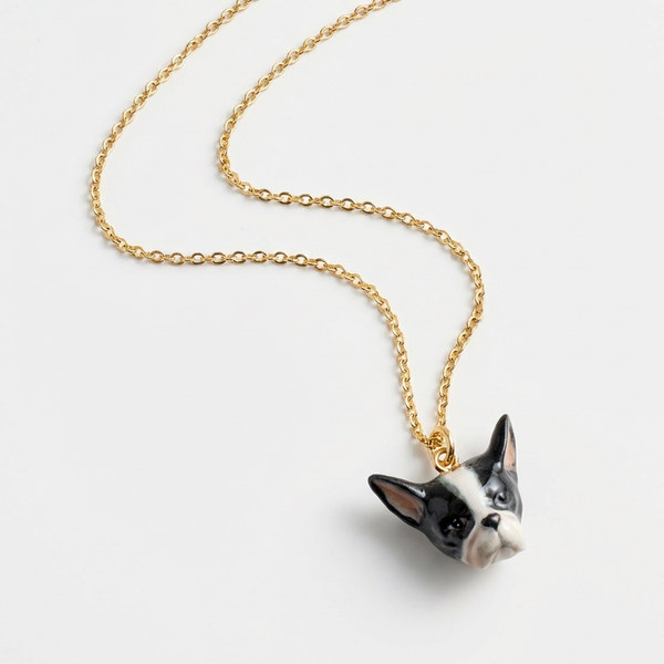 Peter + June Tiny French Bulldog necklace, hand-painted black and white ceramic pendant on 18K gold-plated brass chain, flat…