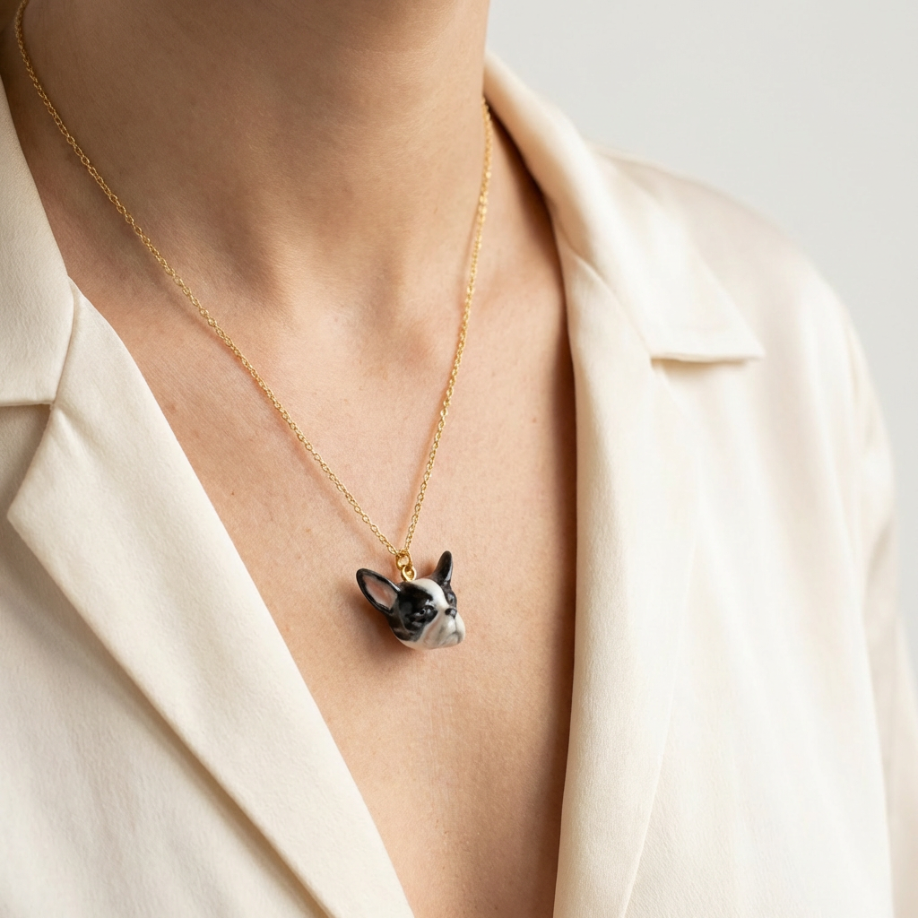 Tiny French Bulldog necklace, black and white hand-painted ceramic pendant on a gold-plated chain, close-up on model's neck.