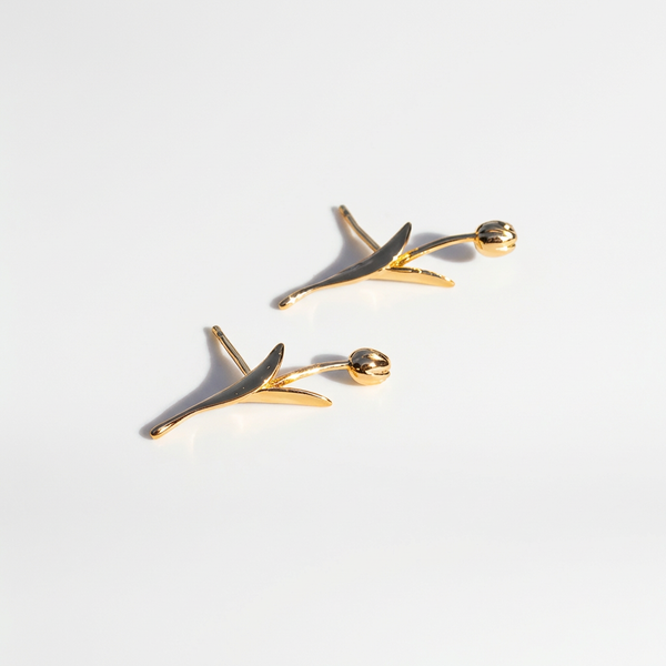 Peter + June Holland Tulip Studs earrings, 18K gold-plated brass, flat lay pair, front on white.