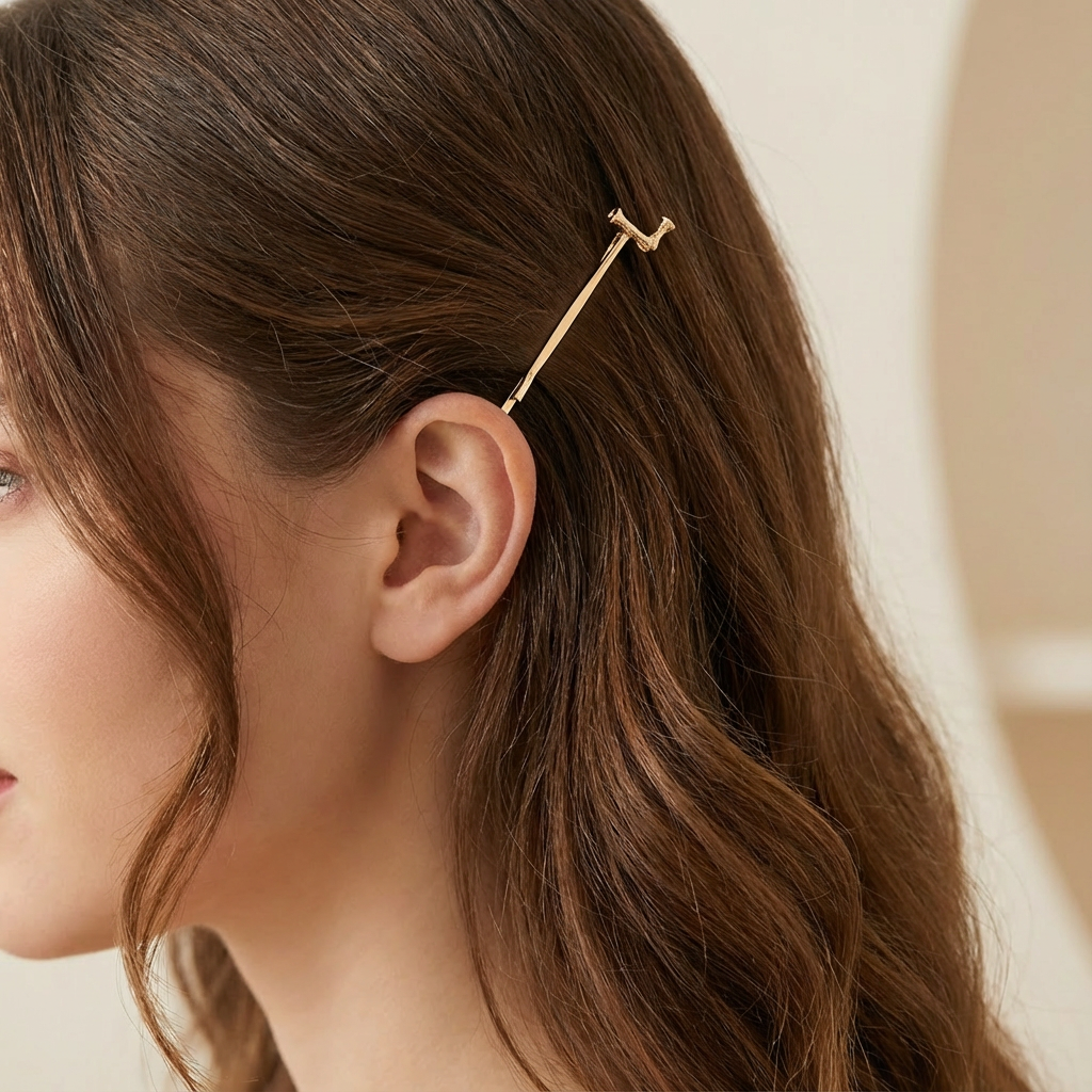 Peignee Alphabet Letter Hair Clip-Gold Plated_lifestyle. Close-up of a person wearing a gold hair clip with a neutral background