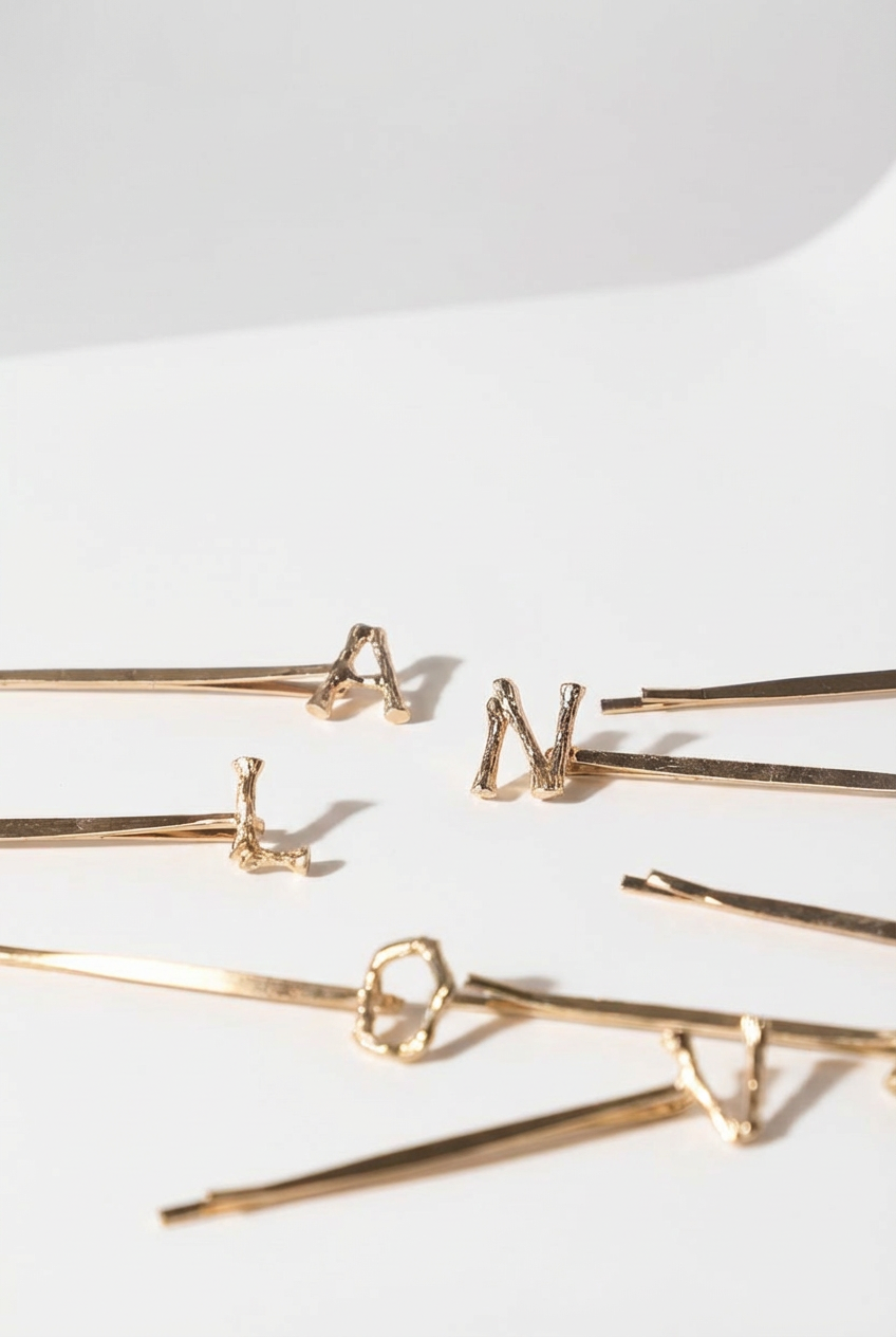 Peignée Alphabet Letter Hair Clip - Gold Plated. Gold hairpins with letter designs on a white background