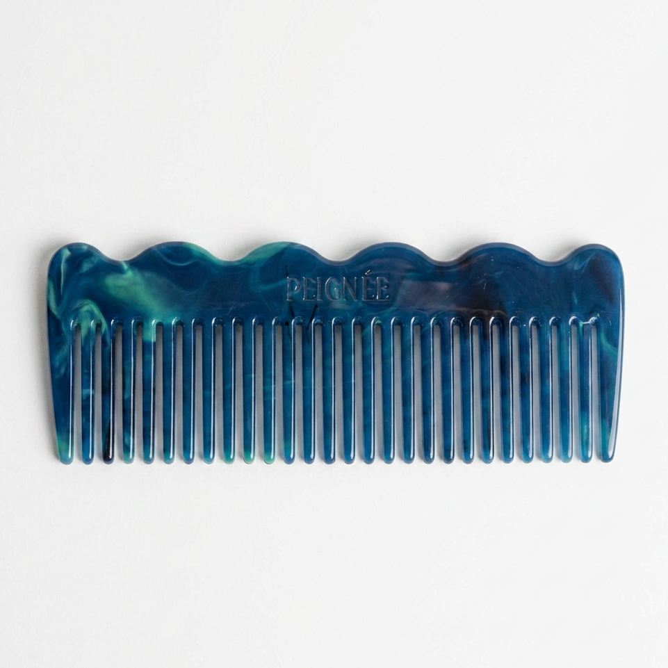 A blue and teal marbled hair comb with a wavy top edge, featuring the brand name 'PEIGNEE' embossed on the forehead, set against a plain white background.