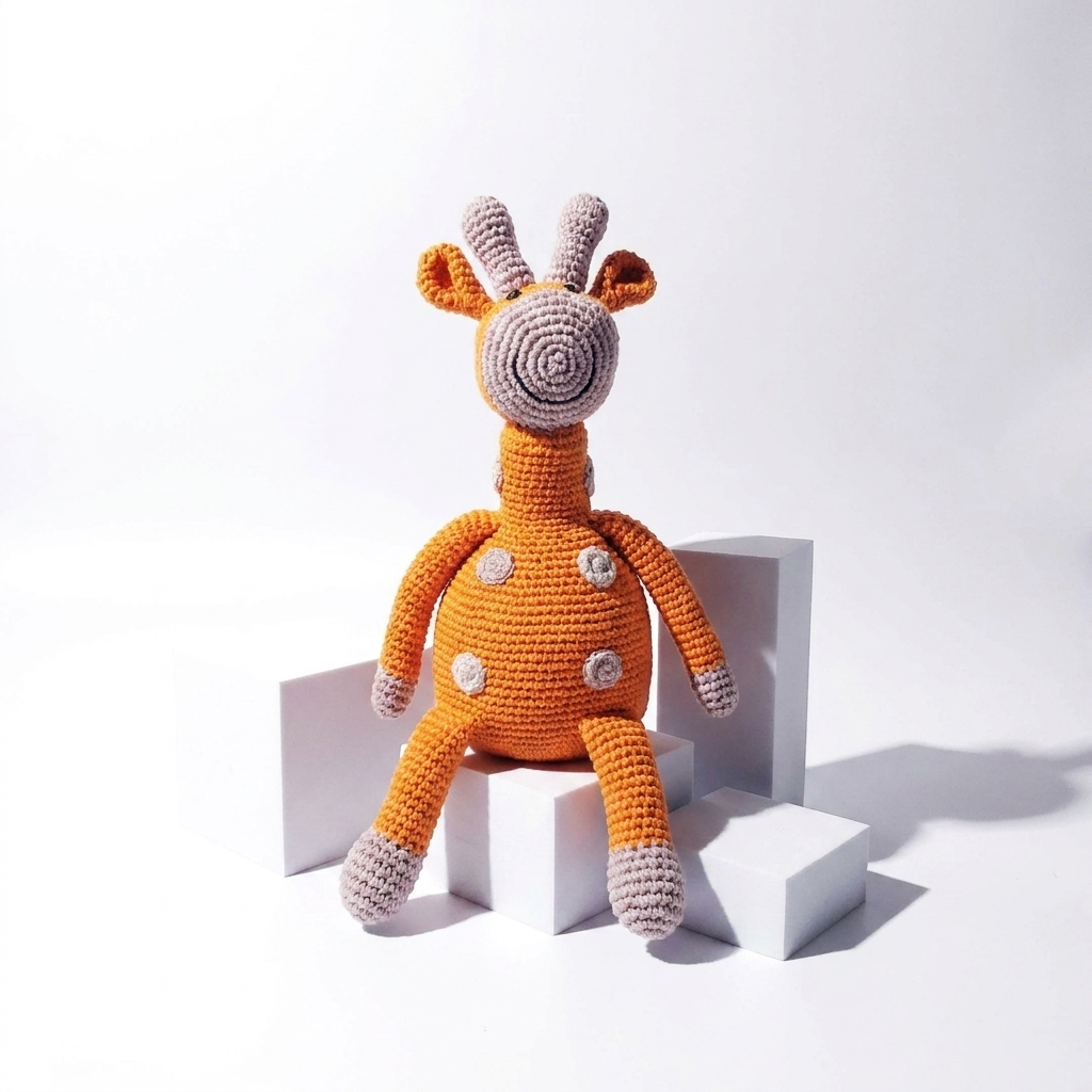 Pebble Curious Plush Giraffe, orange organic cotton crochet toy with grey details, sitting on white blocks, front view.