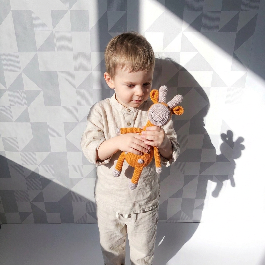 Curious Plush Giraffe, orange and light gray crochet toy, held gently by a child for scale.
