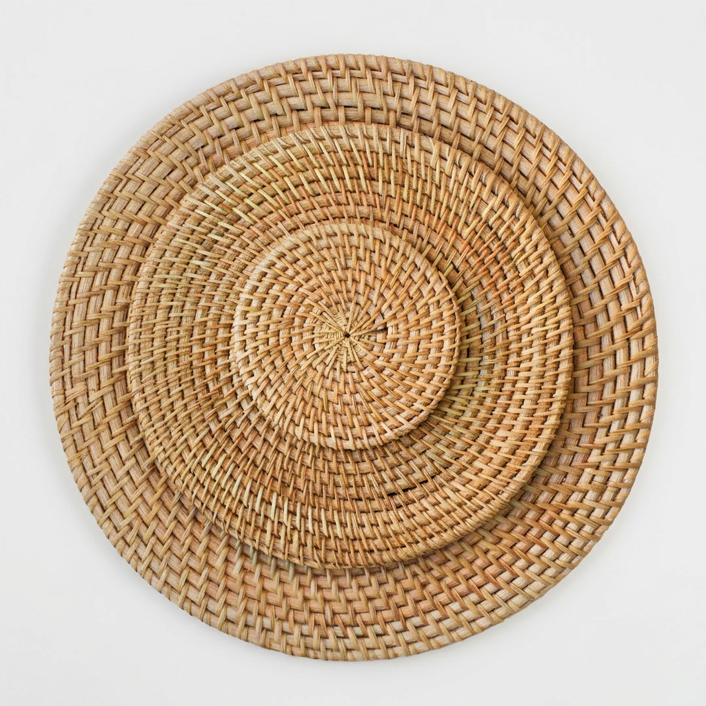 Set of three woven rattan placemats on a white background