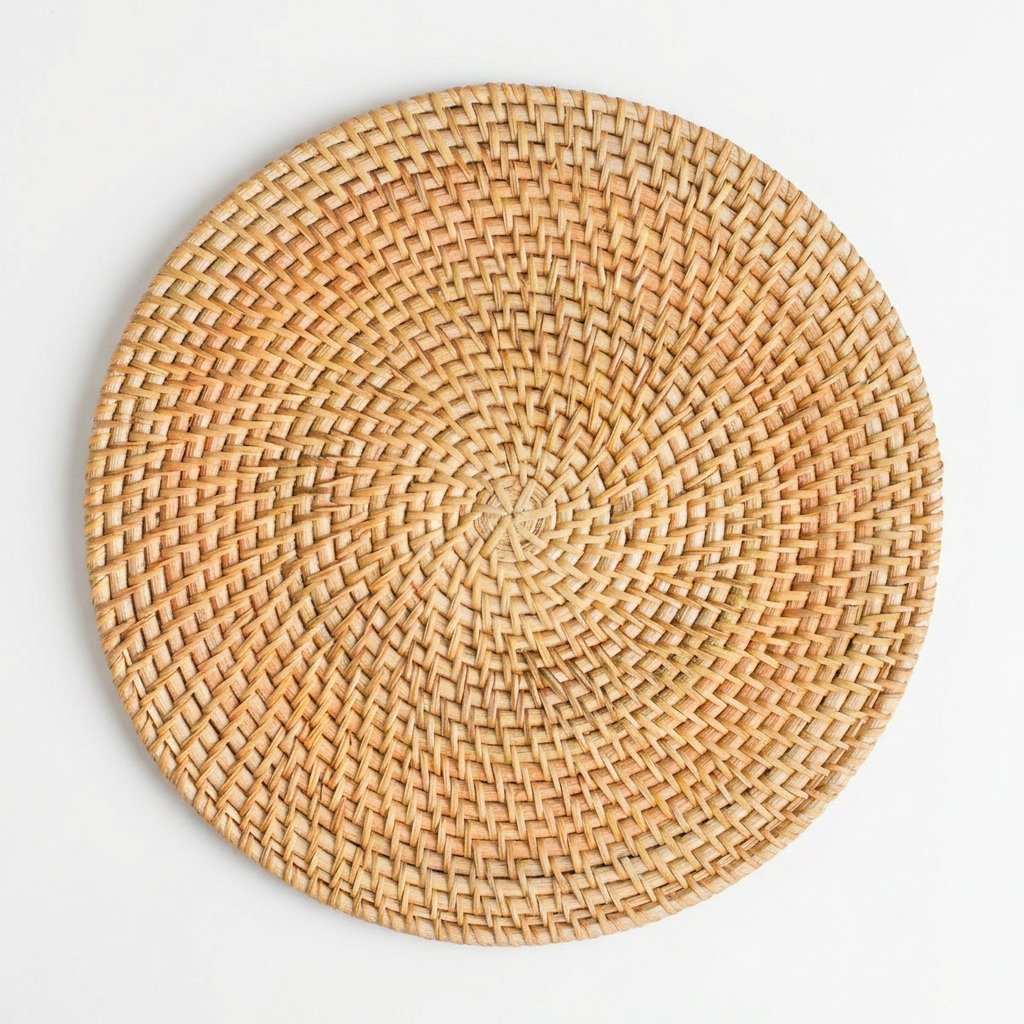 Round woven placemat on a white background