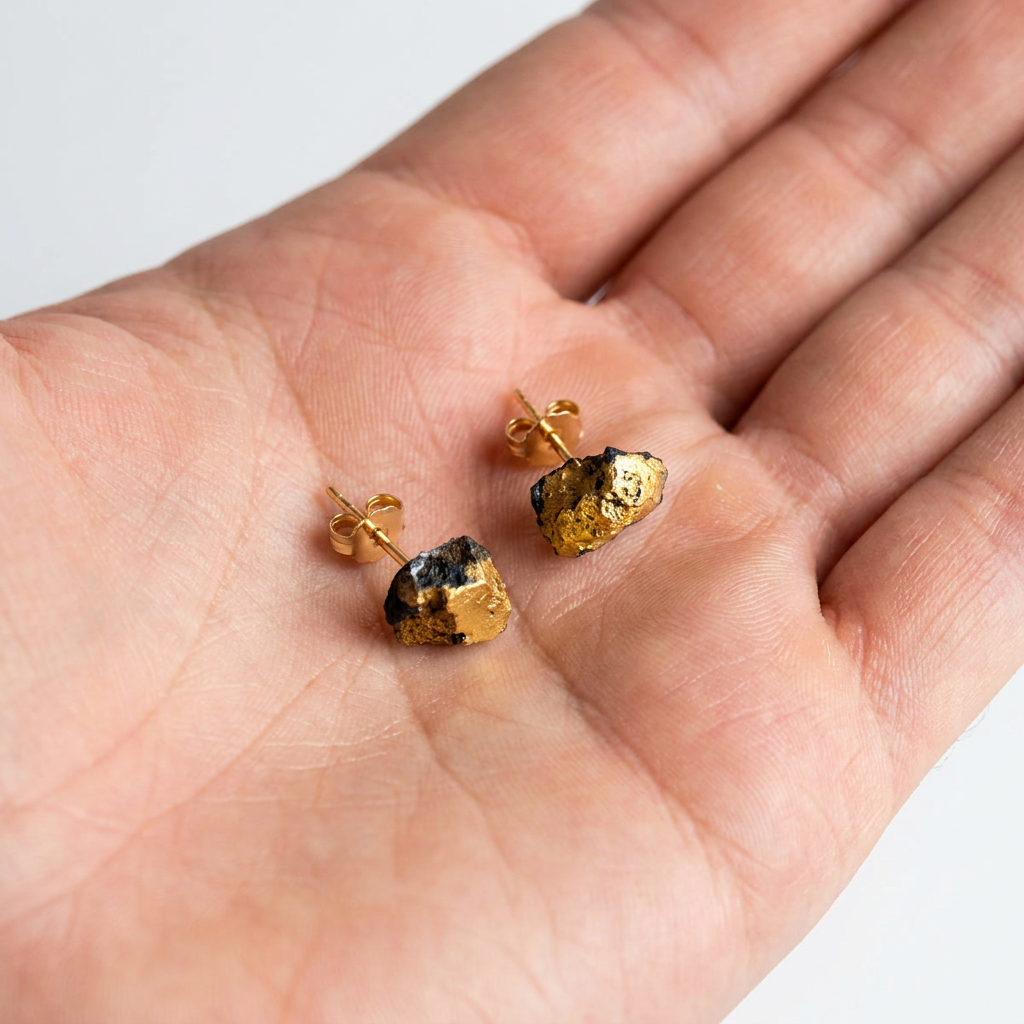 Gold Ore Studs, hand-formed porcelain stud earrings with 22k gold luster and black accents, held in hand for scale.