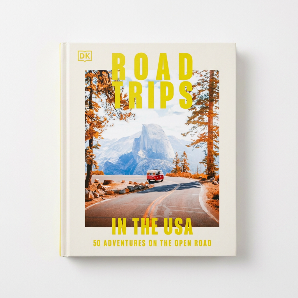 Penguin Random House Road Trips In The USA hardcover book, cover art with red van on road to Half Dome, yellow title, front…