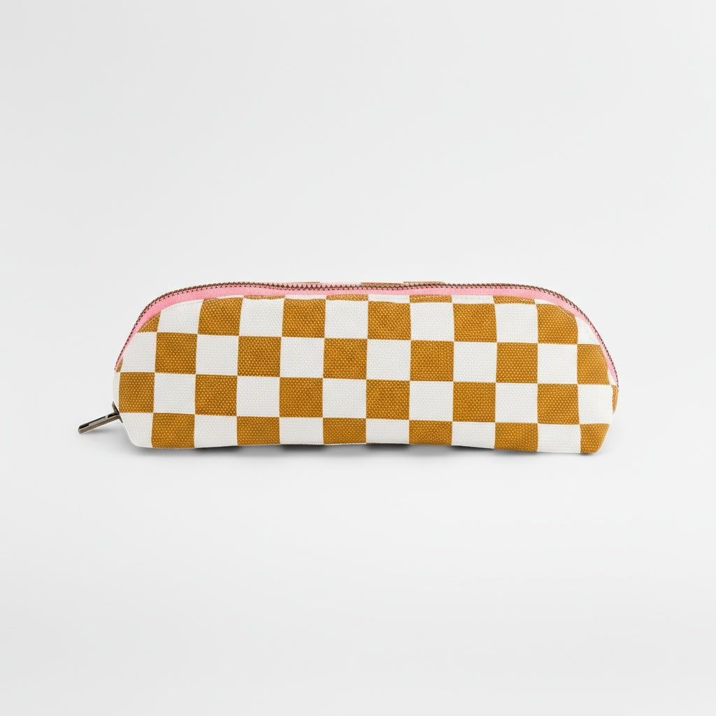 Checkered pencil case with a zipper on a light gray background