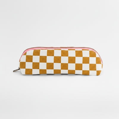 
                    
                      Checkered pencil case with a zipper on a light gray background
                    
                  