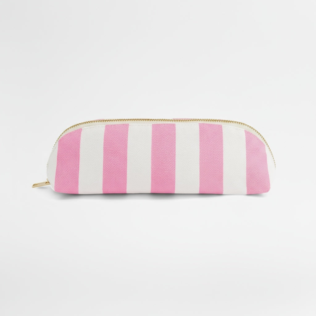 Pink and white striped pencil case on a light gray background