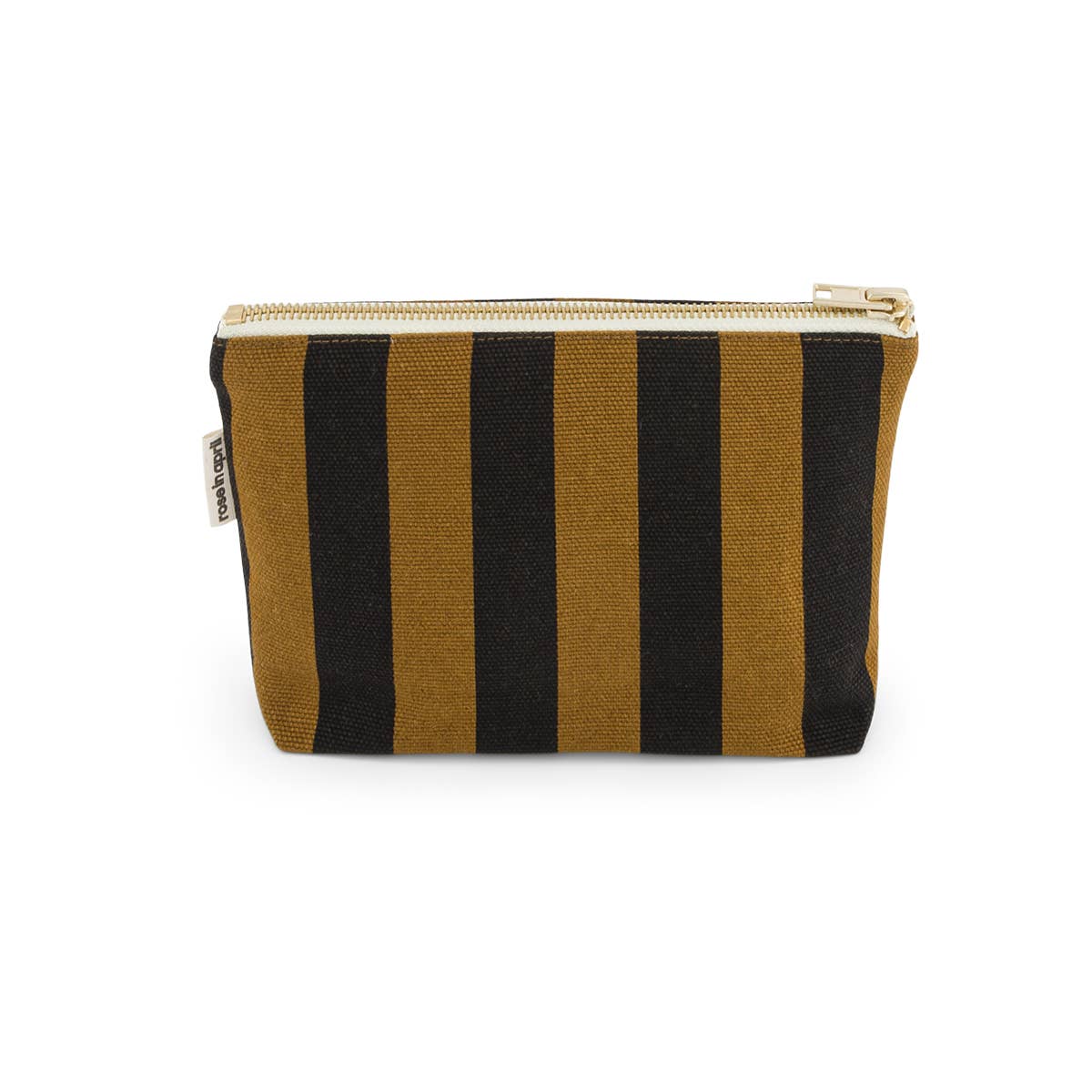 Striped pouch with black and mustard yellow stripes on a white background