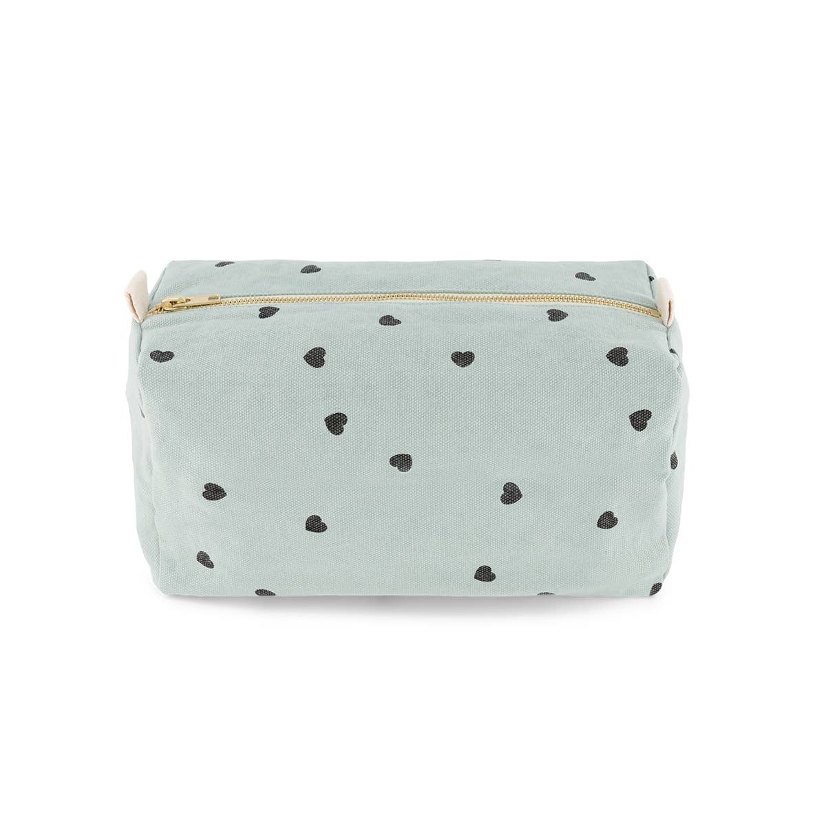 Rose in April: Vic Toiletry Bag (Blue Heart). Light blue pouch with black heart patterns on a white background