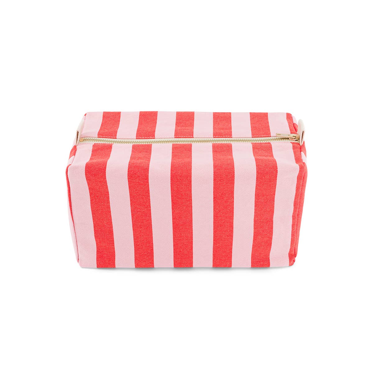 Rose in April: Vic Toiletry Bag (Tomato + Candy Pink). Red and white striped pouch with a gold zipper on a white background