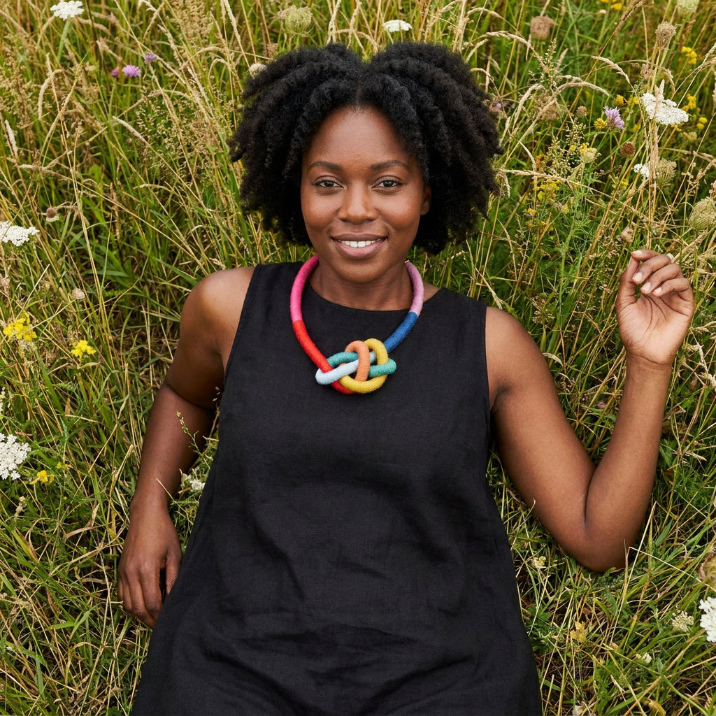 Water Bowline necklace, rainbow cotton yarn-wrapped cording, worn on model lying in a field of tall grass.