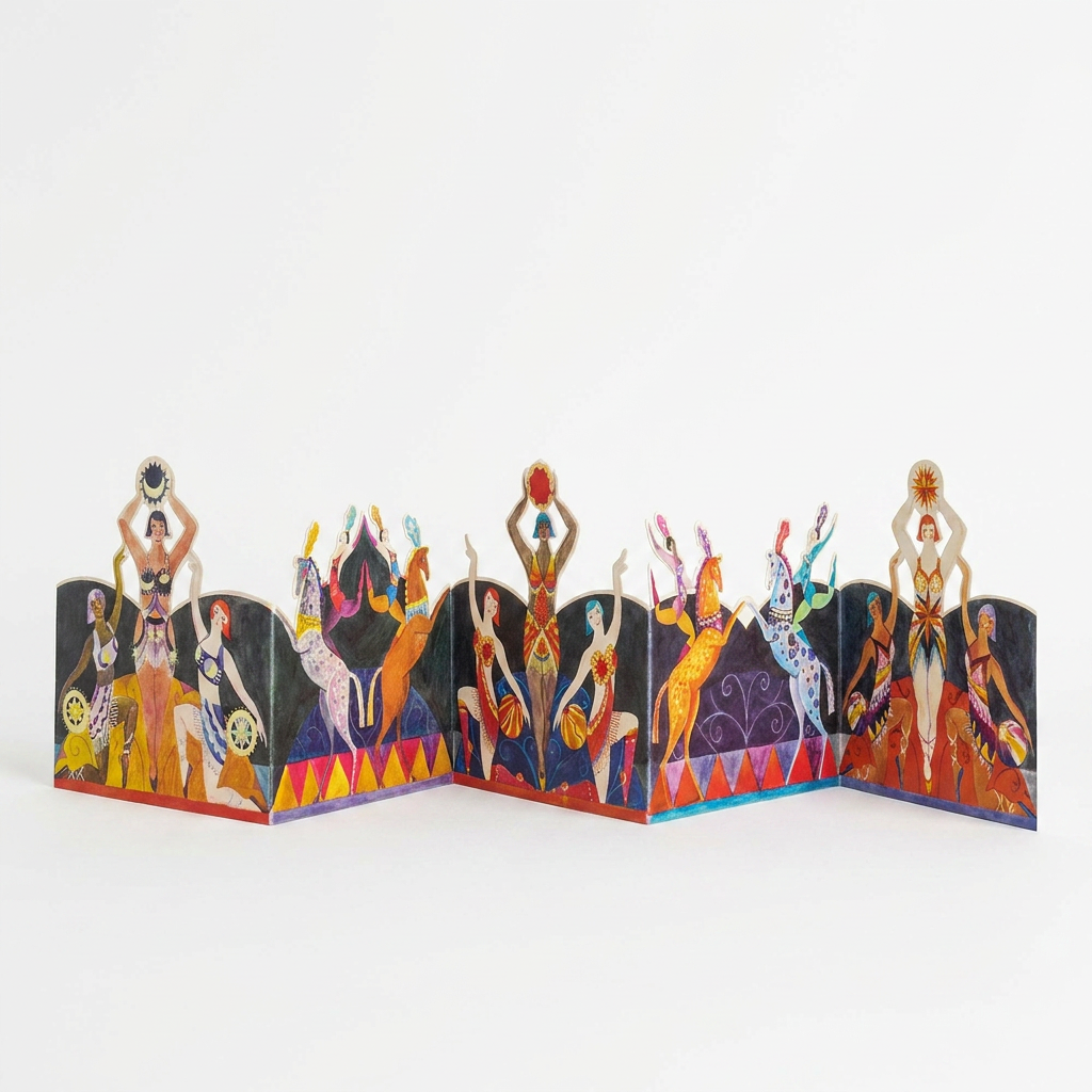 Circus Die-Cut Card by Sarah Young, multi-color illustration of performers and horses, unfolded accordion display.