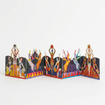 
                    
                      Circus Die-Cut Card by Sarah Young, multi-color illustration of performers and horses, unfolded accordion display.
                    
                  