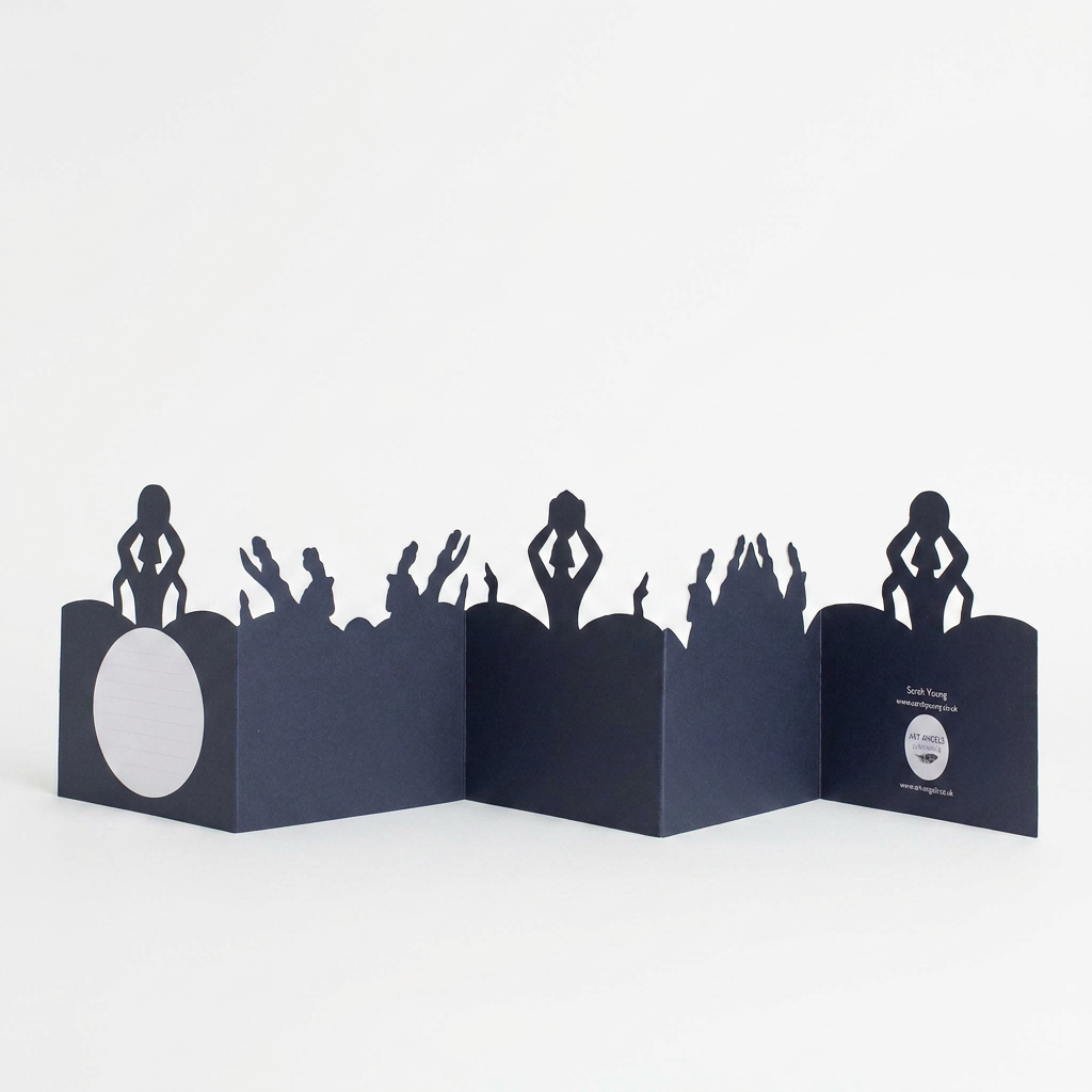 Circus Die-Cut Card by Sarah Young, dark blue cardstock, accordion-fold standing, angled view showing writing circle and…