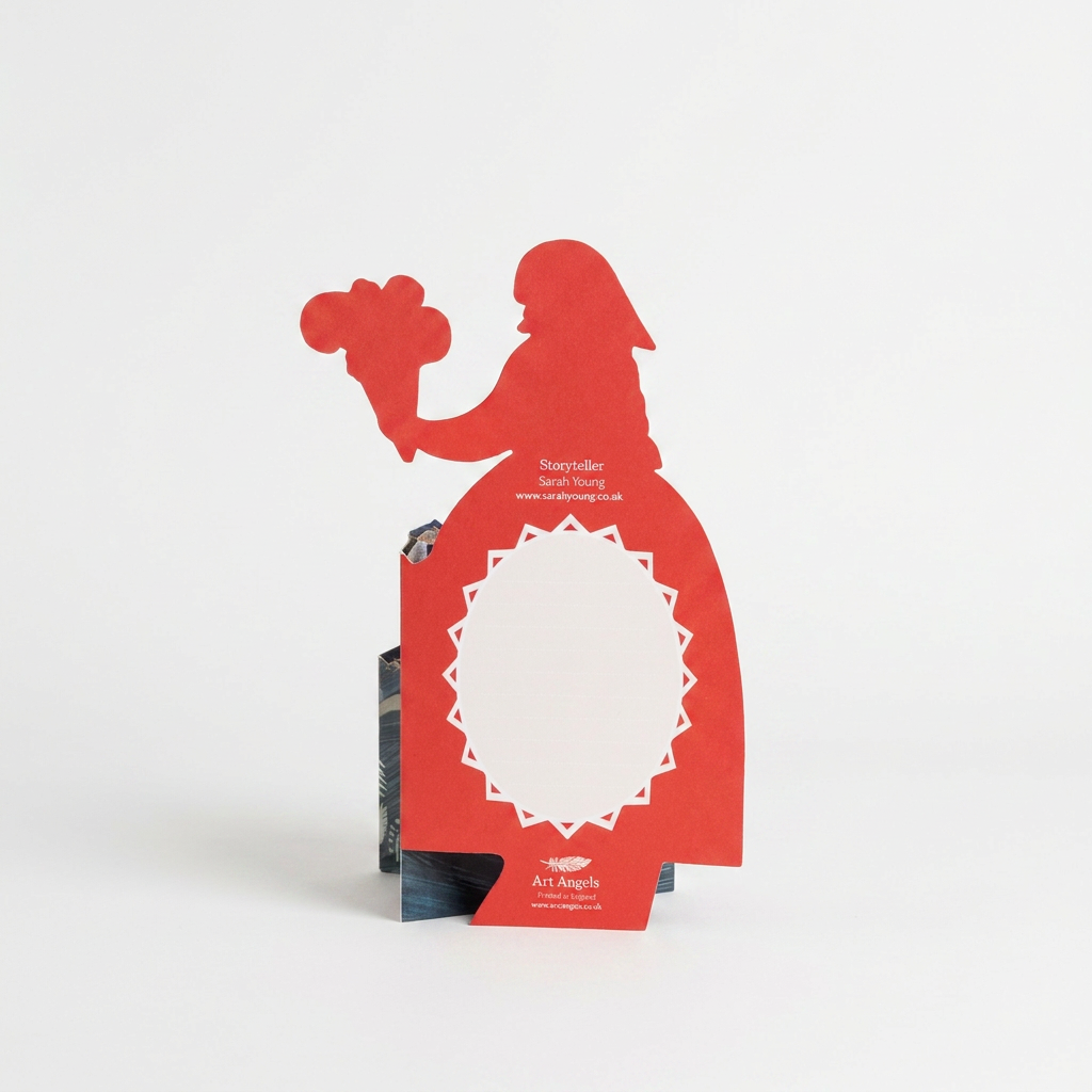 Storyteller die-cut card, red silhouette reverse side, Art Angels brand and Sarah Young illustration credits on cardstock.