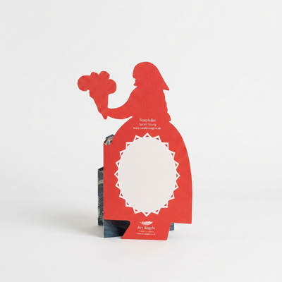 
                    
                      Storyteller die-cut card, red silhouette reverse side, Art Angels brand and Sarah Young illustration credits on cardstock.
                    
                  