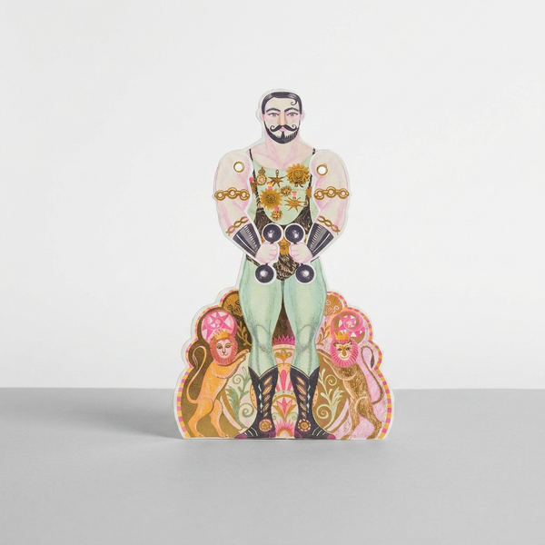 Art Angels Strongman Die-Cut Card by Sarah Young, colorful illustration with mint green, gold, and pink accents, front view.