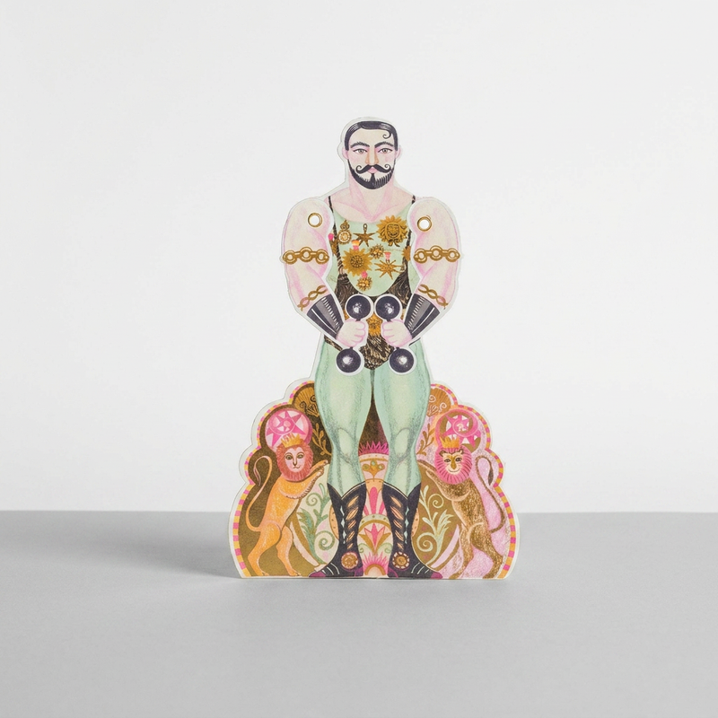 Art Angels Strongman Die-Cut Card by Sarah Young, colorful illustration with mint green, gold, and pink accents, front view.