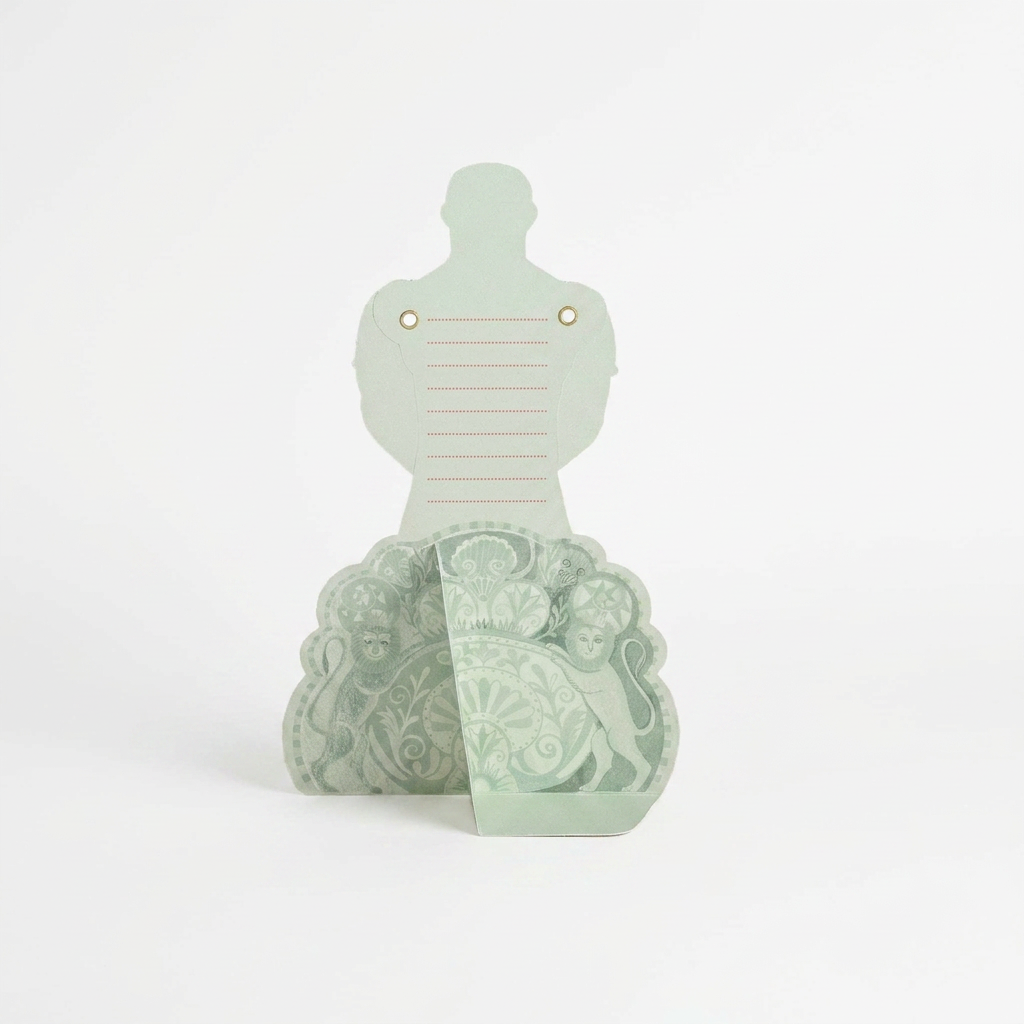 Strongman Die-Cut Card, light green cardstock standing upright, detailed pattern with lions on folded base, gold eyelets.