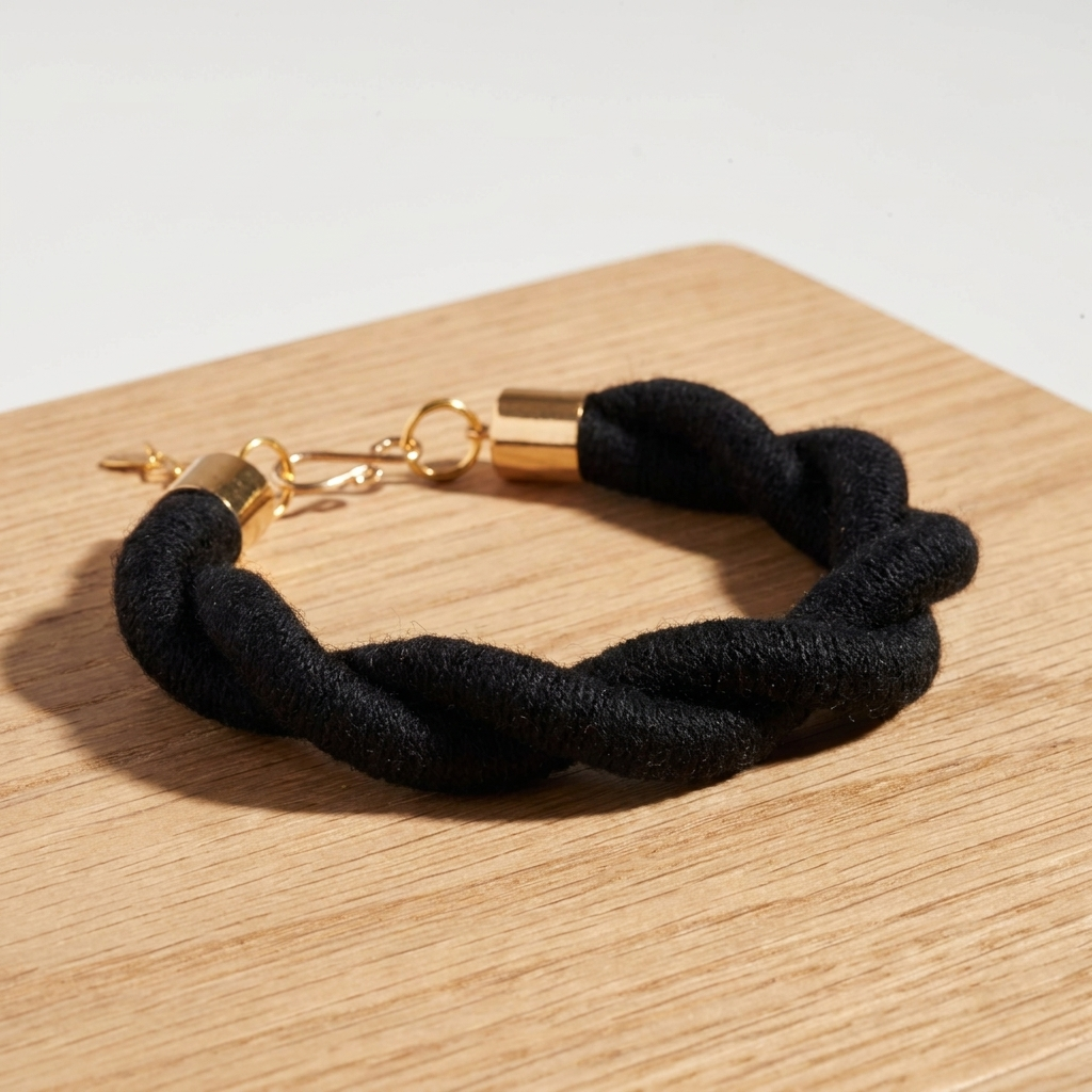 Sasha Hemp Twist Bracelet, black fiber-wrapped cording with raw brass hardware, flat lay on a light wood surface.