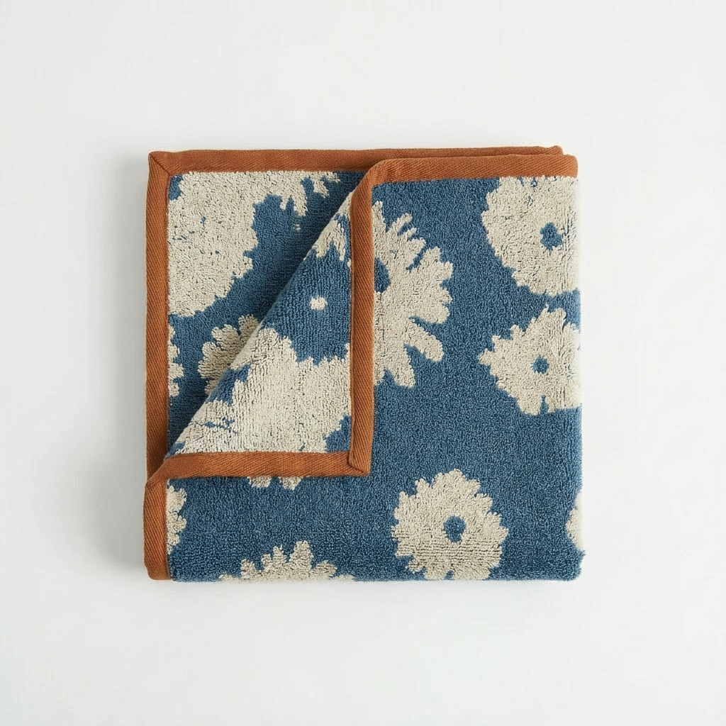Folded towel with blue floral pattern and brown border on a white background