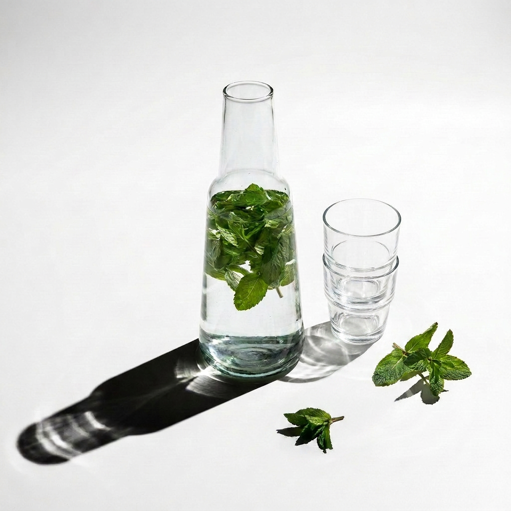 Tell Me More Lagonna Carafe, mouth-blown recycled glass, with water and mint inside, next to stacked glasses and long…