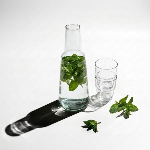 Tell Me More Lagonna Carafe, mouth-blown recycled glass, with water and mint inside, next to stacked glasses and long…
