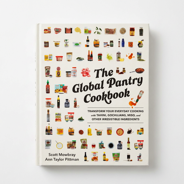 Hachette Book Group The Global Pantry Cookbook, cream cover featuring a colorful collage of global pantry ingredients, front…